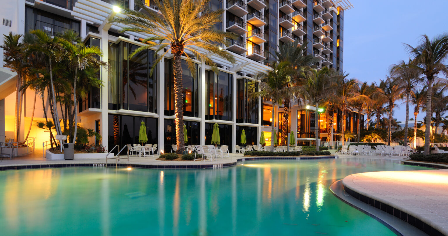 A resort swimming pool at twilight
